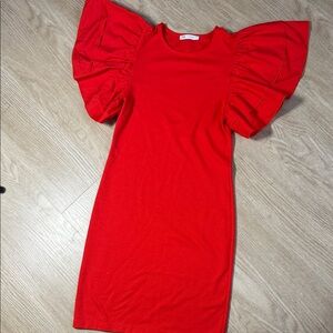 Zara Bright Red Ruffle Sleeve Mini Dress